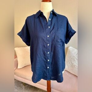 Quince Camp Shirt Button Up Navy Blue Linen Short Sleeve Women’s Small Coastal